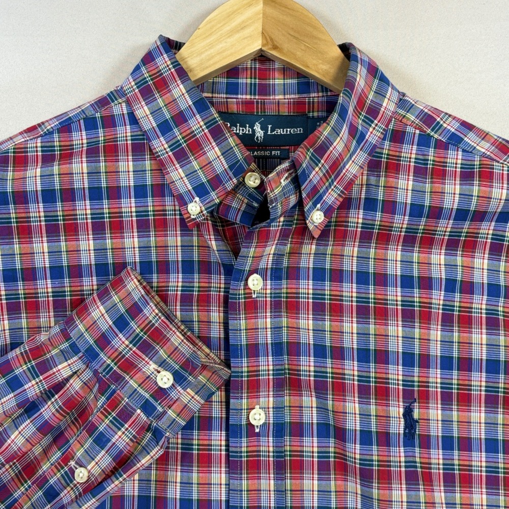 Polo Ralph Lauren Shirt Mens L Red Blue Plaid Fit Navy Pony Button Long Sleeve